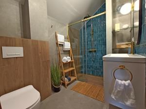 a bathroom with a shower and a toilet and a sink at Na Pokładzie e-apart in Jastrzębia Góra +41 photos