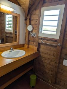 ein Badezimmer mit Waschbecken und Spiegel in der Unterkunft Villa dans un have de paix avec piscine in Saint-François