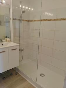 a bathroom with a glass shower with a sink at T2 loggia et piscine in La Rochelle +6 photos
