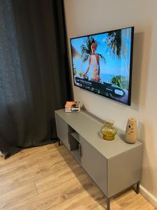 ウッチにあるApartament No 19のリビングルーム(壁掛け式薄型テレビ付)