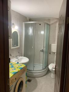 a bathroom with a shower and a sink and a toilet at Urban Hideout City Center Nis in Niš
