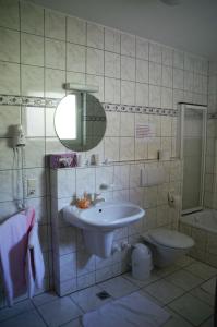 a bathroom with a sink and a toilet and a mirror at Hotel Restaurant Bieberstuben in Menden