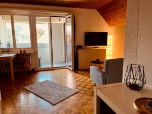 a living room with a couch and a television at Studio Wettingen möbliert, 25min bis Zürich in Wettingen