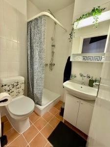 a bathroom with a toilet and a sink and a shower at Studio moderne et chaleureux au coeur de Geneve - parfait pour courts sejours in Geneva