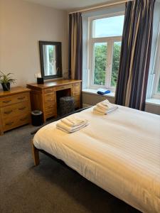 a bedroom with a bed and a dresser and a mirror at Bryn Melyn Apartments in Barmouth