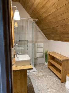ゾンプにあるAkor House domki w Zębieの洗面台とシャワー付きのバスルーム +48枚の写真