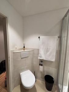 a bathroom with a white toilet and a shower at Chesa in Selva in St. Moritz +4 photos