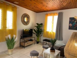 a living room with a couch and a tv at Les Alizés 3 chambres et piscine Les Anses d Arlet in Les Anses-dʼArlets