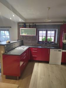 a kitchen with red cabinets and a stove top oven at Ubytování Zdeňka in Chudenice