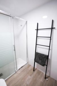 a glass shower with a ladder in a room at Oasis Dunas Corralejo in Corralejo