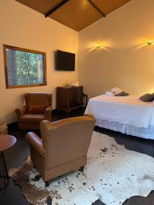 a bedroom with a bed and a couch and a chair at Green Flowers Farm in Córrego do Bom Jesus