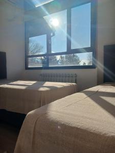 a room with three beds and a window at Cabañas Indómita in El Bolsón