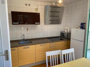 a small kitchen with a sink and a refrigerator at De Palacio in Logroño +6 photos