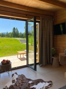 ゾンプにあるAkor House domki w Zębieのガラスのスライドドア、パティオが備わる客室です。