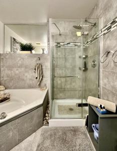 a bathroom with a bath tub and a shower at A Gem Downtown Montreal in Montréal