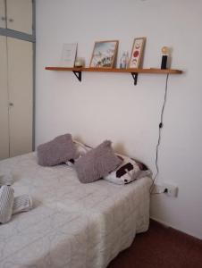 1 dormitorio con 1 cama con 2 almohadas y estante en Sarratea 1427, en Santiago del Estero