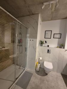 a bathroom with a shower and a toilet at VizzitUs Premium Apartament Łódź Manufaktura in Łódź +34 photos