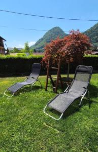two lawn chairs and a picnic table in the grass at Kiara Apartments & Rooms in Jesenice