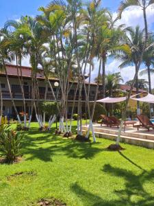 a park with palm trees and a building at Flat na Praia de Maresias - 100 metros da praia in São Sebastião