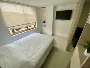 een slaapkamer met een bed, een raam en een televisie bij comodidades en el centro de la ciudad in Manizales