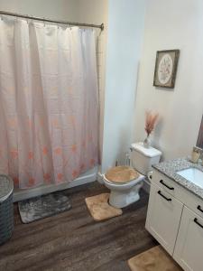 Un baño con inodoro y cortina de ducha. en Peaceful Pad on Peters, en Atlanta 26 fotos más
