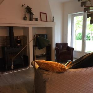 a living room with a couch and a fireplace at Maison In Normandie in Saint-Pierre-la-Garenne
