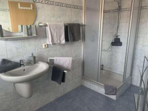 a bathroom with a sink and a shower at Holiday apartment with 3 bedrooms in Hasselberg