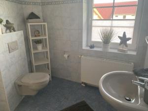 a bathroom with a toilet and a sink at 1-bedroom holiday apartment in Hasselberg +18 photos