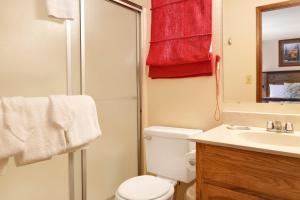 a bathroom with a toilet and a sink and a shower at Brown bears cabin #1091 in Big Bear Lake +5 photos