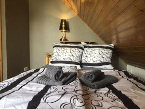 En eller flere senge i et værelse på Ferienhaus Seebrise