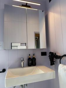 a white bathroom with a sink and a mirror at Kūkupa Matairangi at Akaroa Lavender in Akaroa +40 photos