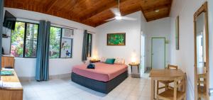 Daintree Siesta في Diwan: غرفة نوم بها سرير في غرفة بها نوافذ