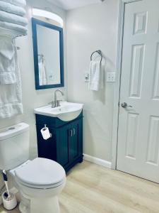 a bathroom with a toilet and a sink and a mirror at Driftwood Towers in Gulf Shores