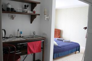 una cocina con fregadero y una cama en una habitación en Trepimäe Guest Apartment, en Viljandi