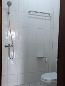 a bathroom with a shower with a toilet at Résidence Romacy, appartement 2 chambres avec balcon à Ahala, quartier résidentiel de Yaoundé in Yaoundé