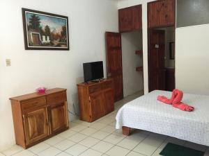 a small room with two beds and a television at Hotel Coco Beach in Manuel Antonio