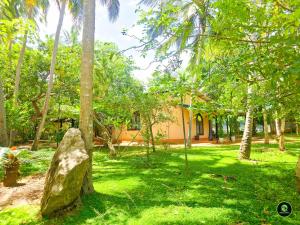 a rock sitting in the grass in front of a house at Soba Lanka Holiday Resort in Karandagolla