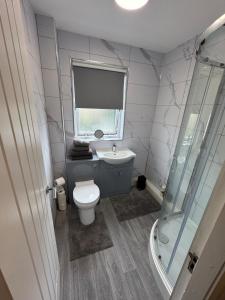 Un baño con inodoro, lavabo y ducha. en Newly Renovated Flat Edinburgh - 2 x Double Beds, en Edimburgo