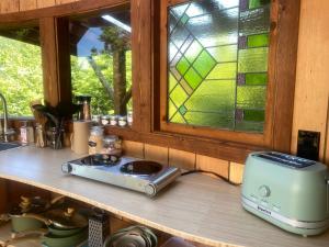 a kitchen counter with a toaster and a window at Tree Top Sanctuary Cowichan Valley in Duncan +56 photos