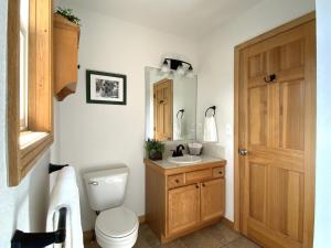 a bathroom with a toilet and a sink and a mirror at Echo Hills Mountain Lodge - Evergreen Mountain Top Retreat - 15 minutes to SKI!! in Evergreen +35 photos