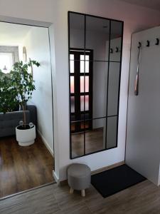 a large mirror in a living room with a plant at Sea4You Ustka Apartament z balkonem in Ustka