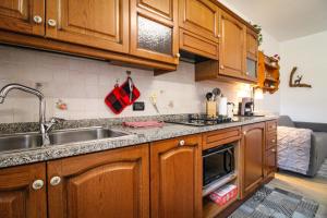 a kitchen with wooden cabinets and a sink at Marmarole Apartment in Auronzo di Cadore