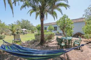 een hangmat in een tuin met een tafel en een palmboom bij Casa rural Villa Moral in El Arahal
