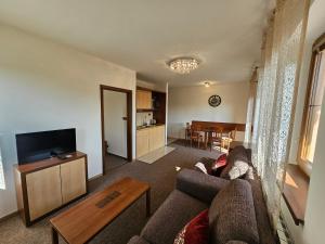 a living room with a couch and a tv at Apartmán K102 in Veľká Lomnica