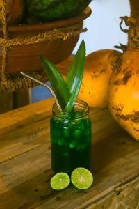 a green plant in a jar next to two lime slices at Wave Loom Hostel in Arugam Bay +39 photos