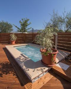 a swimming pool with potted plants on a deck at Camping Girasole in Girasole +167 photos