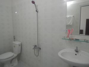 ein Bad mit einer Dusche, einem WC und einem Waschbecken in der Unterkunft Hoa Sua Motel in Long Hải