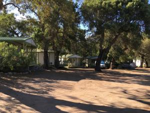 a yard with trees and a house in the shade at Camping Pezza Cardo in Porto-Vecchio