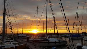 a group of boats docked in a marina at sunset at Boots-Camping Grevelingen in Herkingen