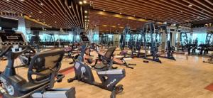a gym with a lot of cardio equipment in a room at Stylish 1-Bedroom-Sleeps 4- Apartment -Bayz by Danube, Business Bay-29 in Dubai
